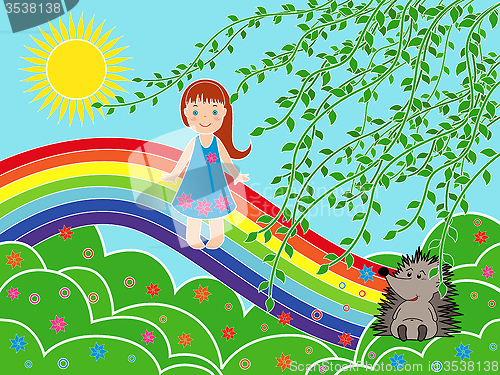 Image of Small girl on the rainbow in sunny summer day