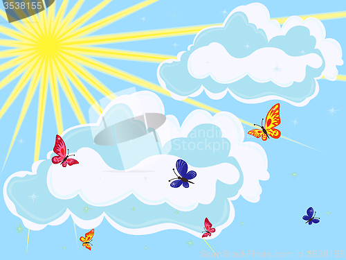 Image of Sky with sun, clouds and butterflies