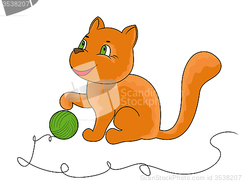 Image of Little funny cat plays with a ball of yarn