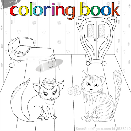 Image of Cat and pussy in room for coloring book