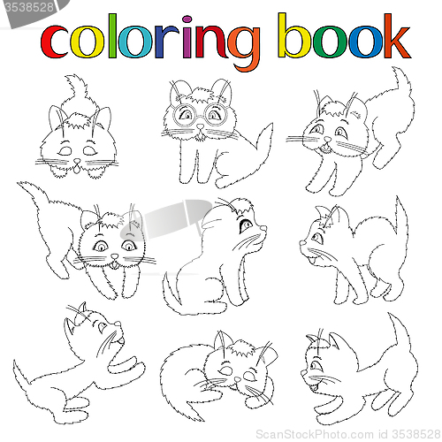 Image of Set of nine playful kittens for coloring book 