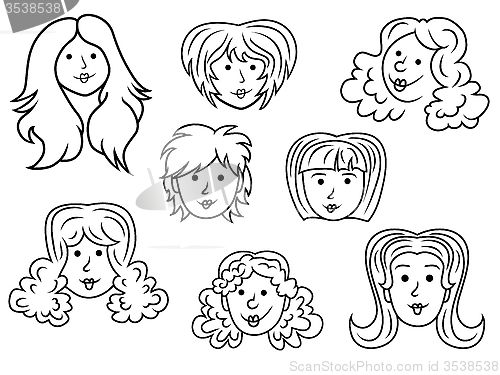 Image of Set of eight cartoon women contour faces