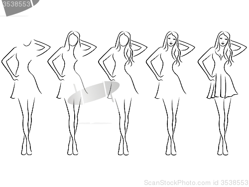 Image of Beautiful young women contour in drawing sequence