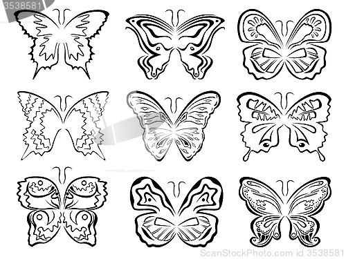 Image of Set of six black butterflies contours over white