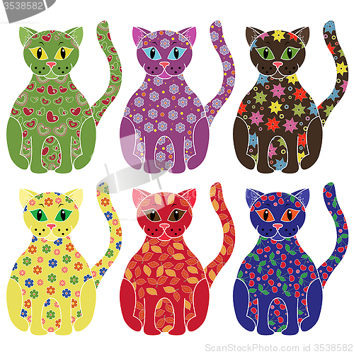 Image of Set of six colorful funny cats over white