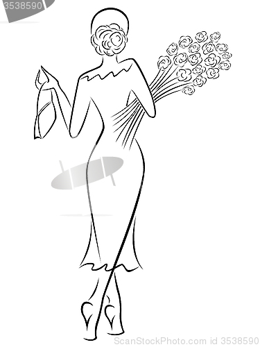 Image of Lady with a bouquet of roses goes away