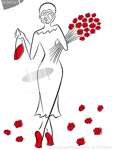 Image of Lady with a bouquet of red roses goes away