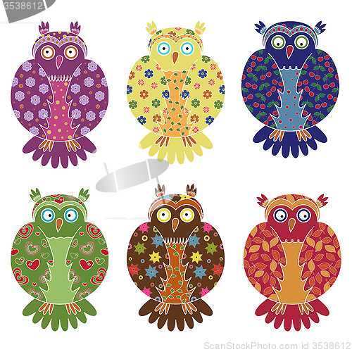 Image of Set of six colourful funny owls over white