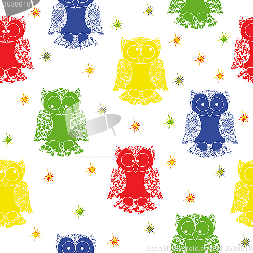Image of Different colour owl and stars seamless pattern