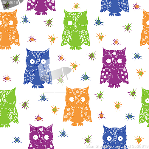 Image of Colourful owl and stars seamless pattern