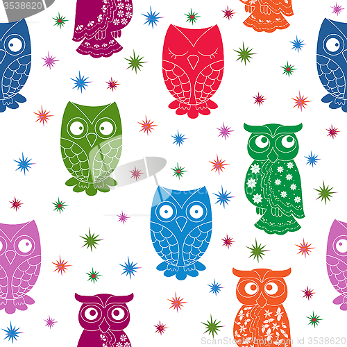 Image of Multicolour owl and stars seamless pattern
