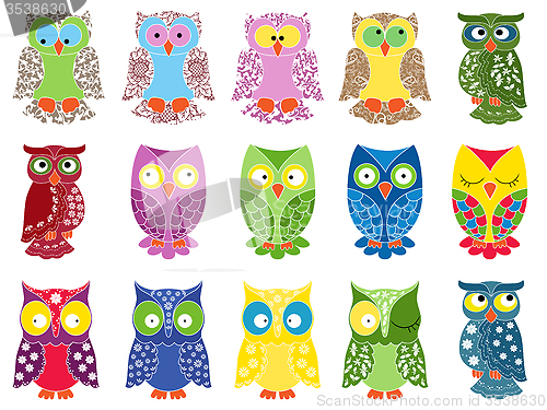 Image of Set of fifteen colourful owls