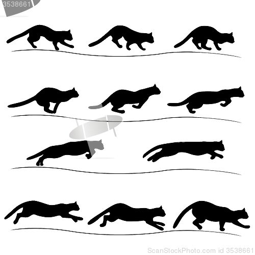 Image of Set of running black cat silhouettes