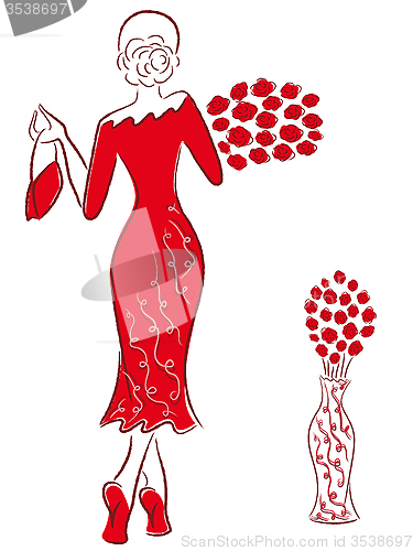 Image of Lady in long red gown with red roses goes away