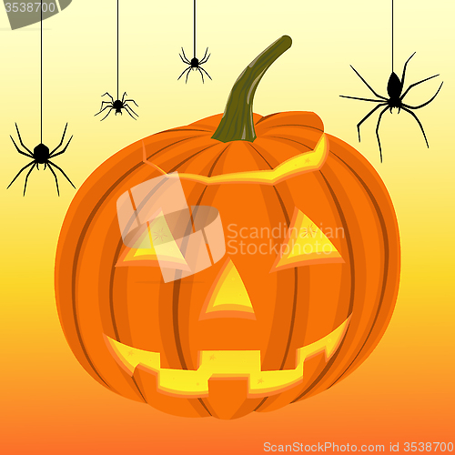 Image of Halloween pumpkin and black spiders on the web