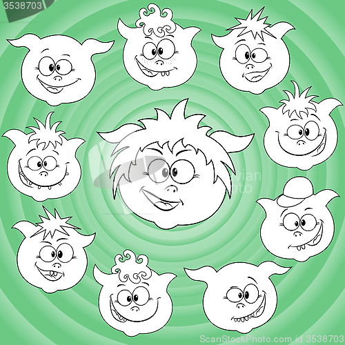 Image of Funny cartoon piglet faces around big pig face