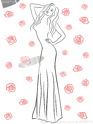 Image of Stylish woman in a long gown among roses