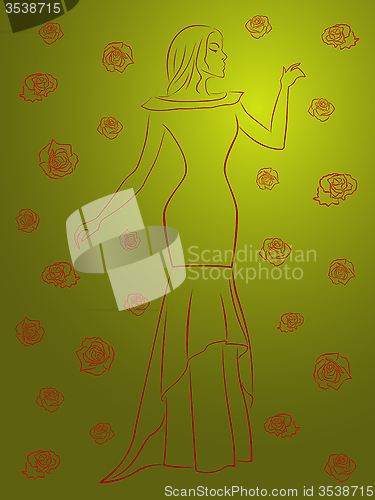 Image of Stylish woman in a long dress among roses over green