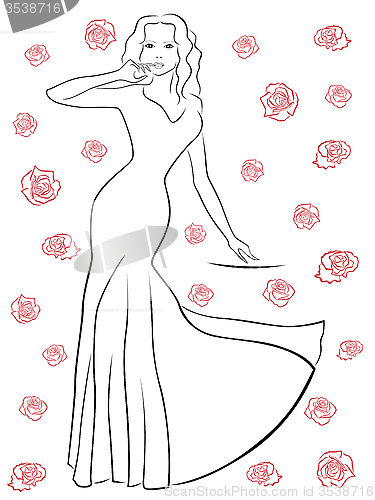 Image of Nice woman in a long dress among roses