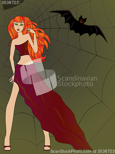 Image of Halloween girl with cat eyes against large cobweb