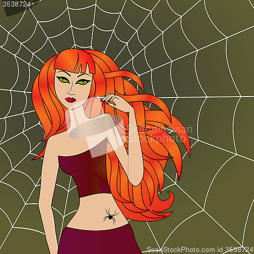 Image of Halloween girl with green cat eyes against large cobweb