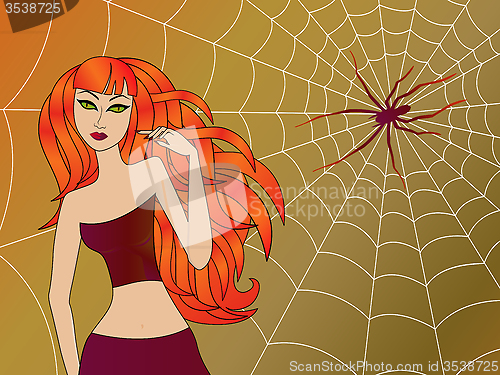 Image of Halloween girl against large cobweb with big spider