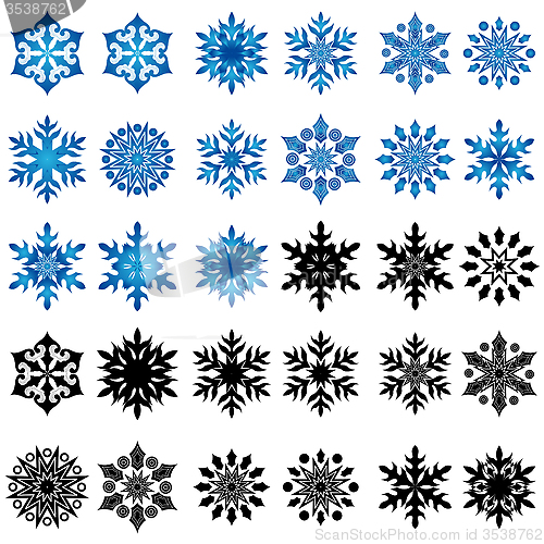 Image of Set of thirty blue and black snowflakes