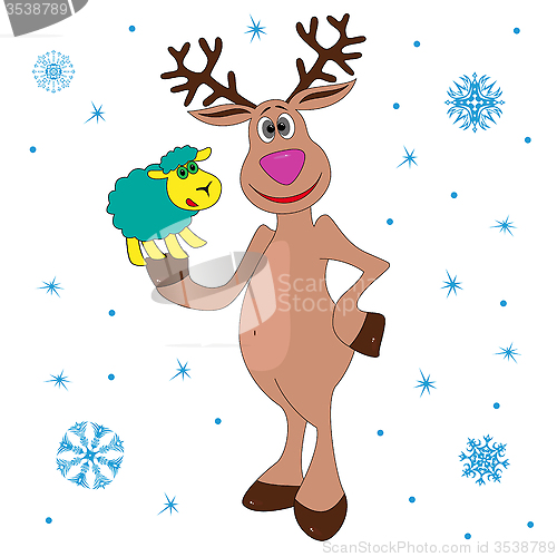 Image of Christmas Reindeer holding a little sheep