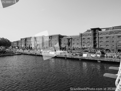 Image of Black and white West India Quay in London