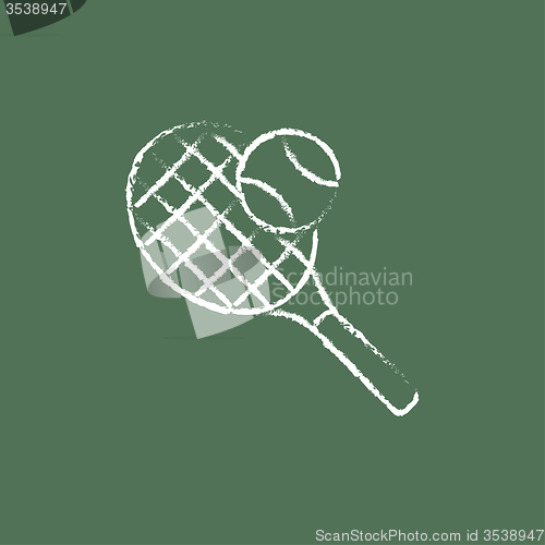 Image of Tennis racket and ball icon drawn in chalk.