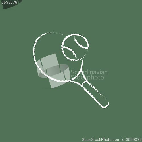 Image of Tennis racket and ball icon drawn in chalk.