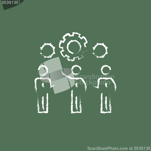 Image of Businessmen under the gears icon drawn in chalk.