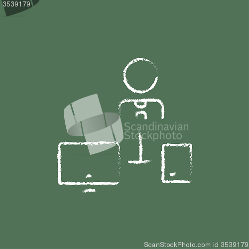 Image of Man with computer set icon drawn in chalk.