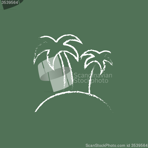 Image of Two palm trees on an island icon drawn in chalk.