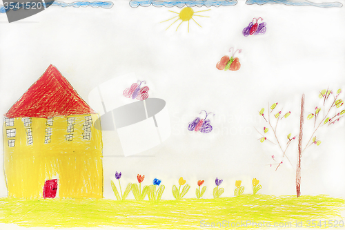 Image of Children's drawing with house butterflies and flowers