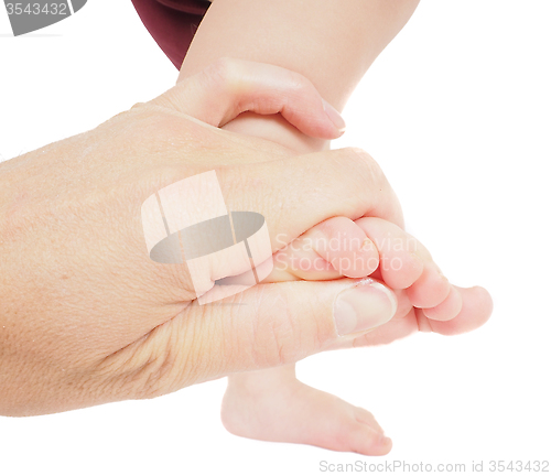 Image of Male hand holding firmly around a foot of toddler in air isolate