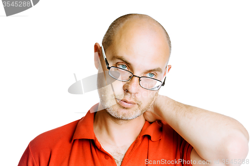 Image of Unshaven man. Pain in the neck. Isolated on white. Studio