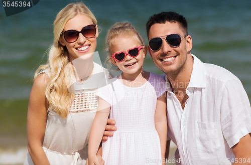 Image of happy family in sunglasses on summer beach