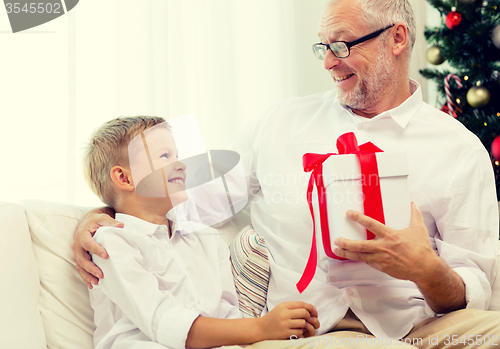Image of smiling grandfather and grandson at home