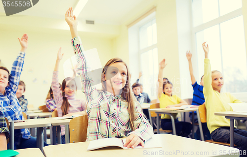 Image of group of school kids raising hands in classroom