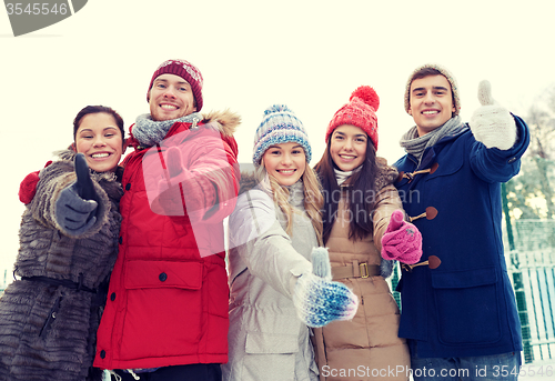 Image of group of smiling men and women in winter forest