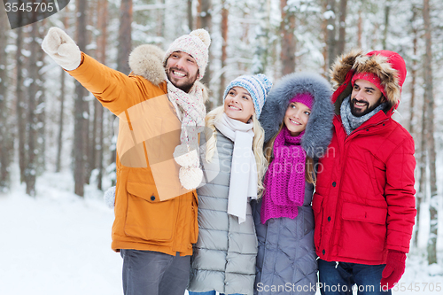 Image of group of smiling men and women in winter forest