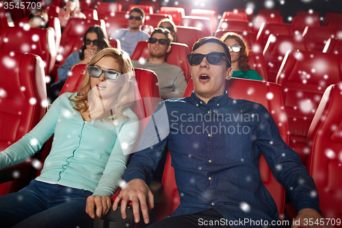 Image of scared friends watching horror movie in 3d theater