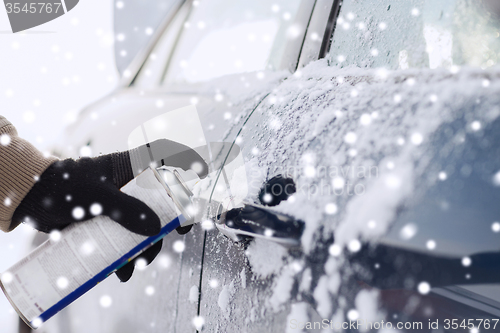 Image of closeup of man hand with lock door de-icer