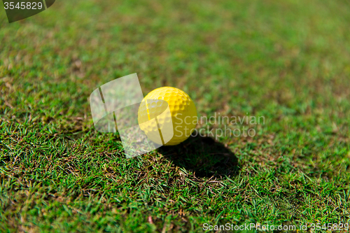 Image of close up of yellow golf ball on green grass