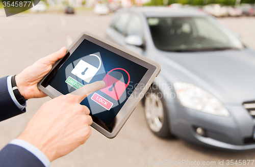 Image of close up of hands with lock icons on tablet pc