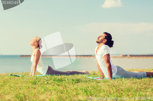 Image of smiling couple making yoga exercises outdoors