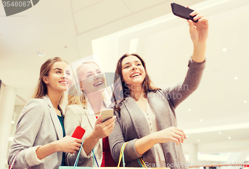 Image of women with smartphones shopping and taking selfie