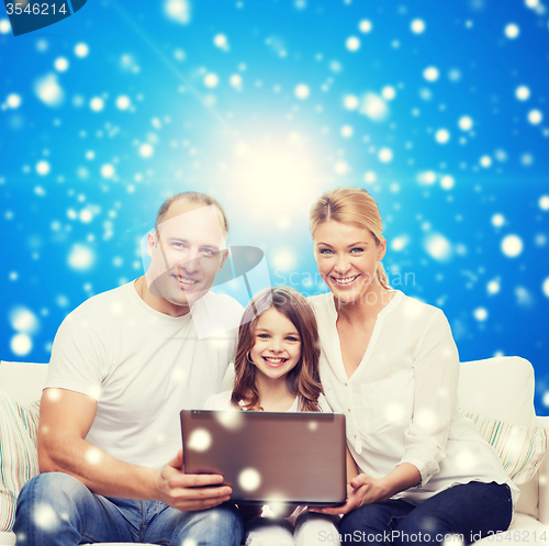 Image of smiling family with laptop