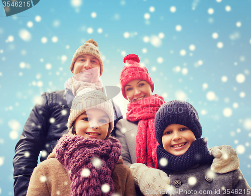 Image of happy family in winter clothes outdoors